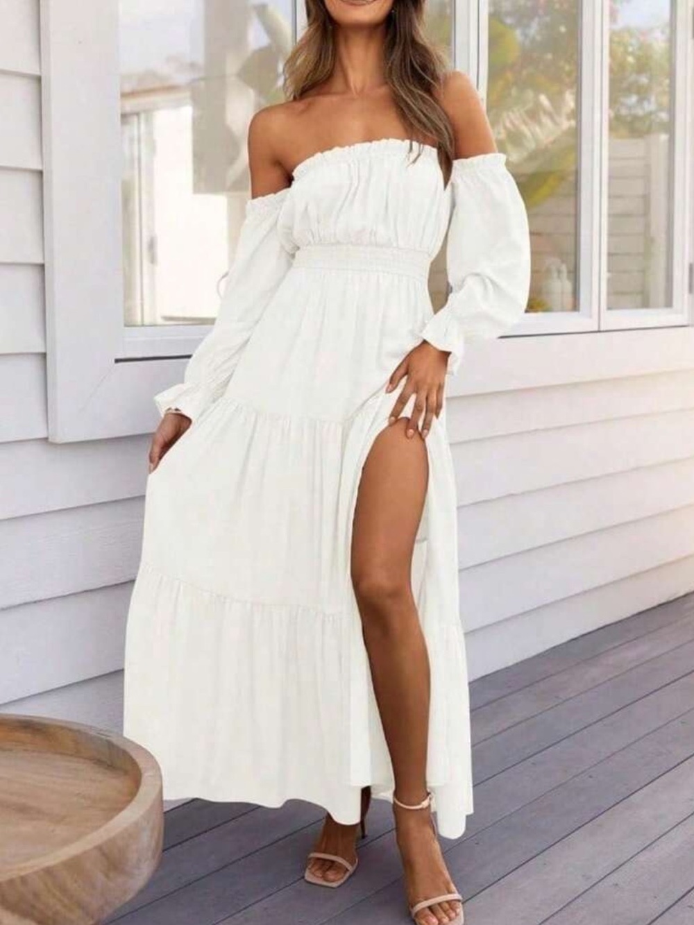 Off-Shoulder White Maxi Dress with Side Slit